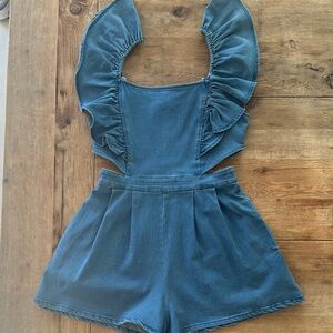 Blue Jean Ruffle Strap Denim Romper Shorts